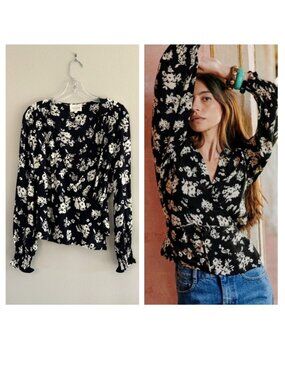 Sezane Dafne Black Floral Wrap Blouse, US 4